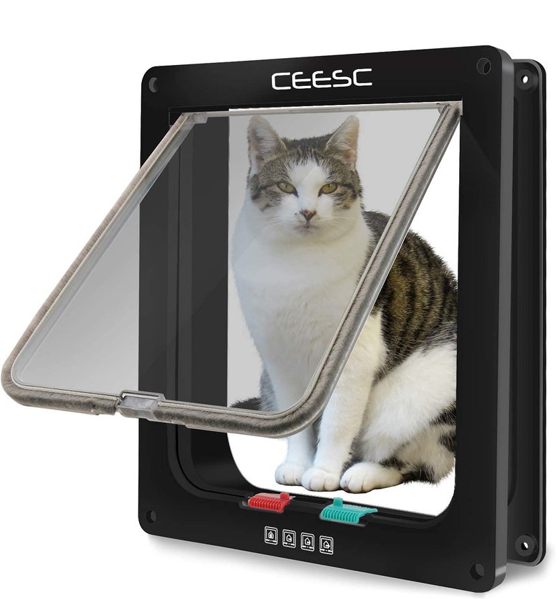 CEESC Extra Large Cat Door (Outer Size 11" x 9.8"), 4 Way Locking Large Cat Door for Interior Exterior Doors, Weatherproof Pet Door for Cats & Doggie with Circumference < 24.8" (Black) - Image 1